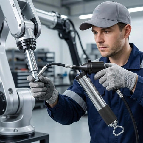 Technician using Heavy Duty Pneumatic Grease Gun Workhorse With 6000 PSI High Pressure Air And 18 Inch Hose on machinery.