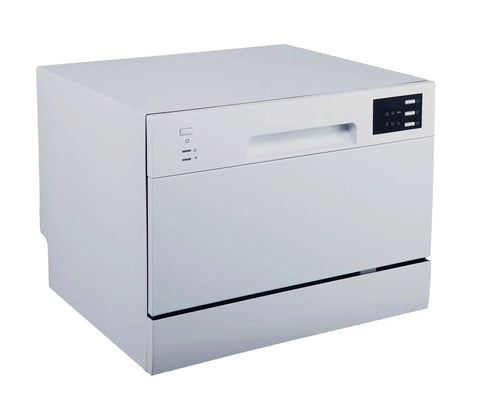 Straight Up Countertop Dishwasher With Six Quick Rinse Cycles And Bright Led Touch Panel easy sink hookup in compact silver design.