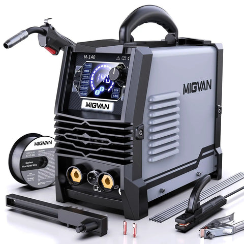 Front view of 140 Amp 3 In 1 MIG Welder For Flux Core MIG Stick And Lift TIG 110V Portable Inverter Gasless Welder With Large LED Display