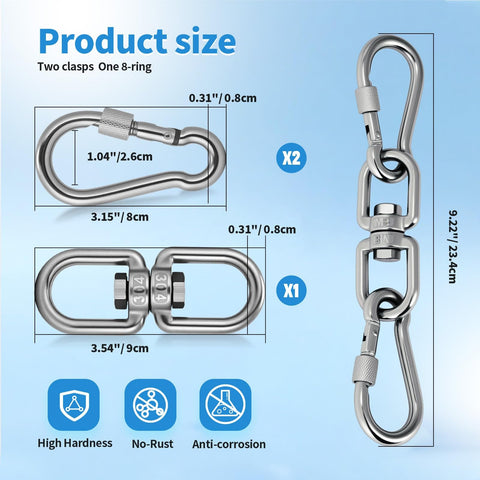 Heavy Duty 1200 Lb Capacity Swivel Ring Double Ended Eye Hook In 304 Stainless Steel product size diagram with clasps and rings