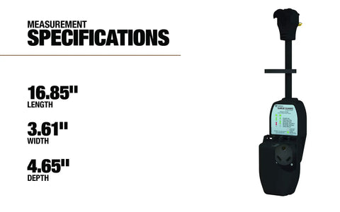 Beefy 30A Portable Surge Guard With Cover For Outdoor Use displayed with measurement specifications