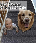 6 Piece 8.5 Inch By 30 Inch Non Slip Stair Treads For Wooden Steps Traction For Elders And Pets With Heat Insulation Rubber Backing Gray Stone Stair Runner Rug For Indoor Or Outdoor Farmhouse Style with baby and dog on stairs