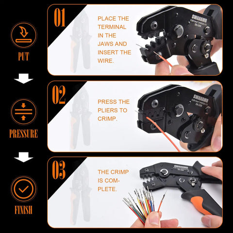 Crimping step-by-step guide using Self Adjusting Ratchet Crimping Tool Kit For AWG 23 To 17 Wire with Dupont connectors.