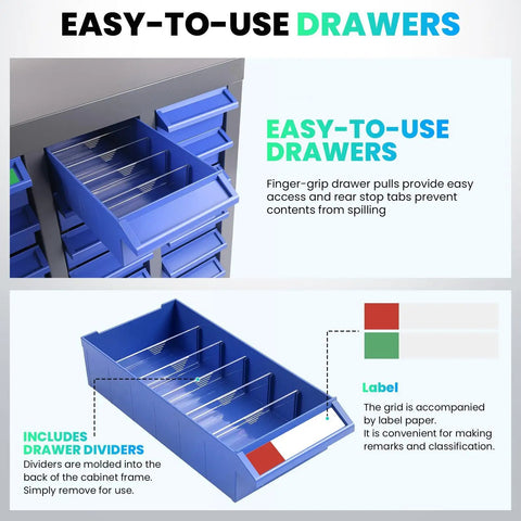 Close-up of blue drawer dividers and label system for 26 By 9 By 46 Inch Parts Cabinet With 100 Drawers For Nuts Bolts And Hardware Storage