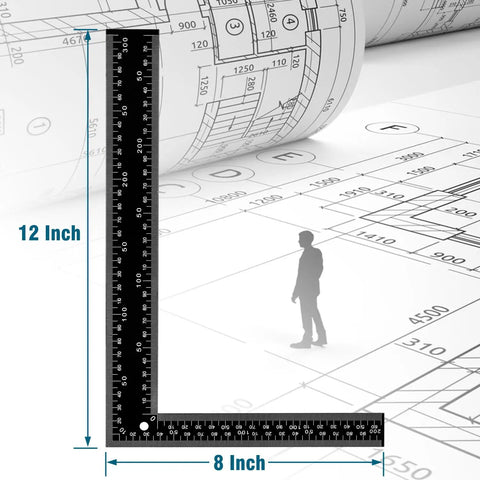 Badass 8X12 Inch Carpenter Square Pro Builder Heavy Duty Carbon Steel Framing Tool With Dual Imperial And Metric Scale Rust Resistant Right Angle Layout Ruler on architectural plans.