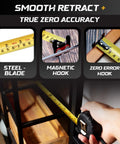 12 Foot Magnetic Tape Measure With Magnetic Hook And Fraction Markings in use on a shelf, smooth retract feature visible