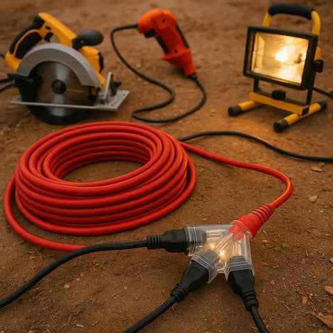 Heavy Duty 200 Ft Outdoor Extension Cord With 14 Gauge 3-Conductor SJTW, Lighted End And Triple Outlet, 125V 15A 1875W coiled