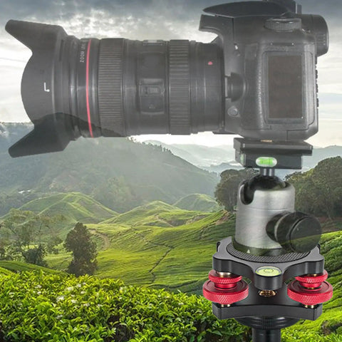 Camera on tripod head with a lush valley background