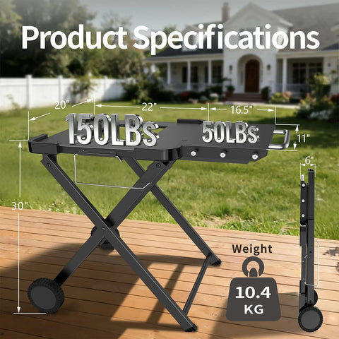 Heavy Duty Foldable Outdoor Grill Stand With Wide Ninja Woodfire And Blackstone Compatibility dimensions on wooden deck
