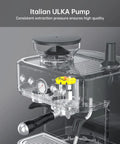 Close-up of the Italian ULKA pump on the Game Changer Espresso Maker With Adjustable Built In Grinder And Auto Milk Frother.