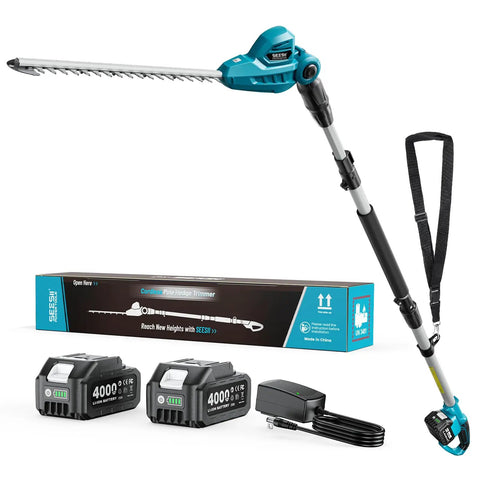 Cordless Pole Hedge Trimmer With 16 Inch Dual Action Blade Detachable Telescoping Pole And Dual 4 Ah Batteries in package