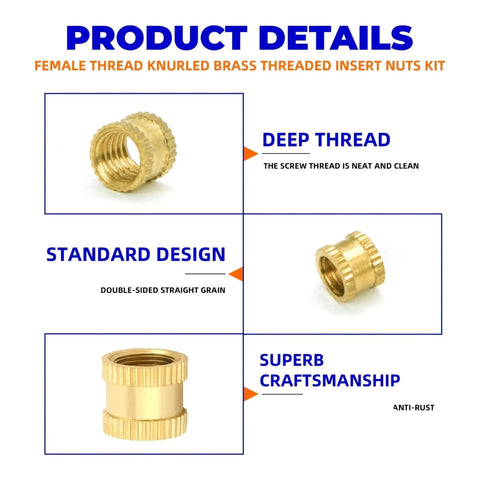 Brass Heat Set Inserts Kit With Knurled Threaded Nuts For 3D Printing Furniture And DIY Fasteners shown with deep threads