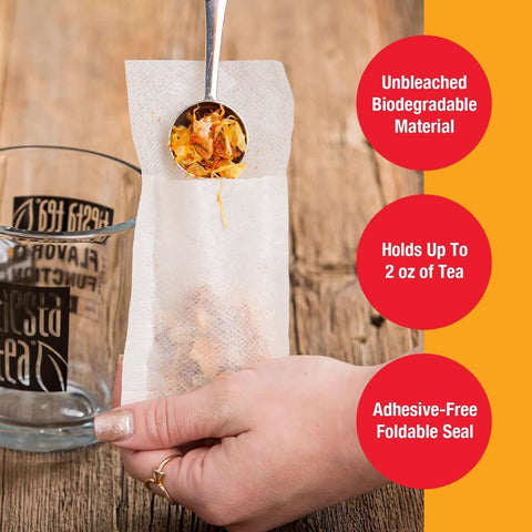 Person filling Disposable Loose Leaf Tea Filters For Easy Brewing, Unbleached Paper Sachets, Single Cup Infuser Bags with loose tea.