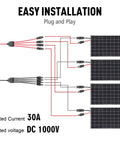 Diagram showing 1 To 4 Solar Panel Branch Connectors Kit For Parallel Wiring, 30A IP67, easy installation with four solar panels.