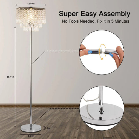 Three Layer K5 Crystal Floor Lamp With Sparkling Triper Layer Shade, Modern Chrome Finish, assembly instructions, wooden floor background.