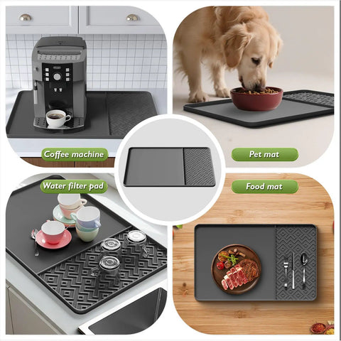 Raised Edges Silicone Coffee Mat 19 By 12 Inches Waterproof Countertop Protector For Coffee Makers Espresso Machines,
shown in various uses including as pet mat, water filter pad, and food mat.