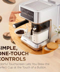 Smash Your Daily Grind With This Straight Up Smooth All In One Espresso And Cappuccino Coffee Maker featuring a colorful touchscreen and milk frother.