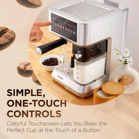Smash Your Daily Grind With This Straight Up Smooth All In One Espresso And Cappuccino Coffee Maker featuring a colorful touchscreen and milk frother.