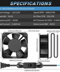 Specifications of Beefy 6 Inch Axial Fan 110V 120V AC 150x50mm Metal Cooling Fan with dimensions and power ratings.