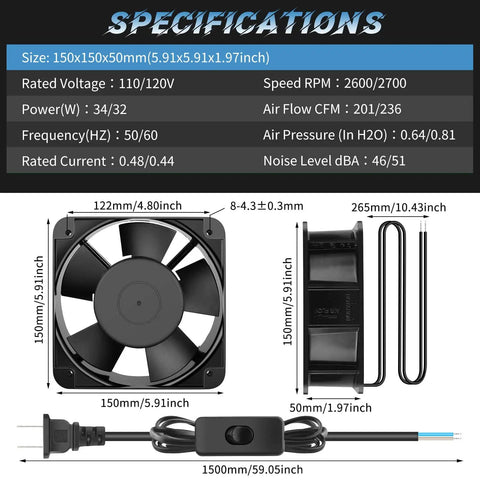 Specifications of Beefy 6 Inch Axial Fan 110V 120V AC 150x50mm Metal Cooling Fan with dimensions and power ratings.