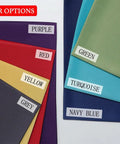 Fabric color options in purple, red, yellow, grey, green, turquoise, and navy blue displayed.