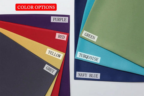 Fabric color options in purple, red, yellow, grey, green, turquoise, and navy blue displayed.