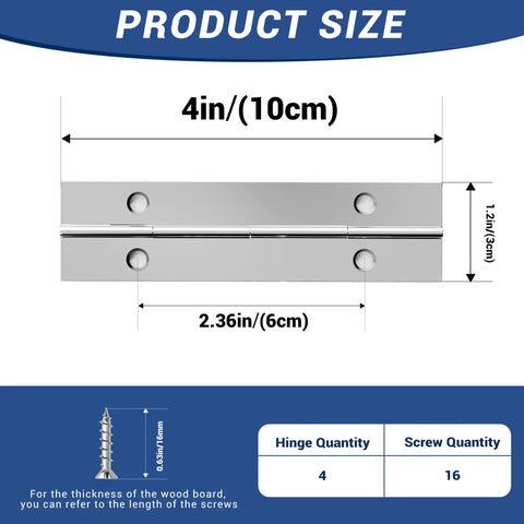 4 Pack Continuous Piano Hinges Heavy Duty 304 Stainless Steel Rust Resistant Cabinet Door Hardware dimensions 4in x 2.36in x 1.2in.