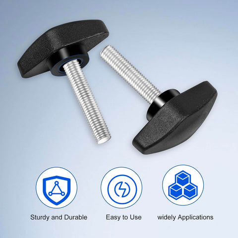 M6 20mm Thumb Screws With T Handle Wing Knobs For Woodworking Machines Black 4 Pack Plastic Grip Clamping Knobs For Quick Handy One Hand Tightening And A Snug Secure Fit In Shop, showing black knobs with metal threaded shafts on blue background