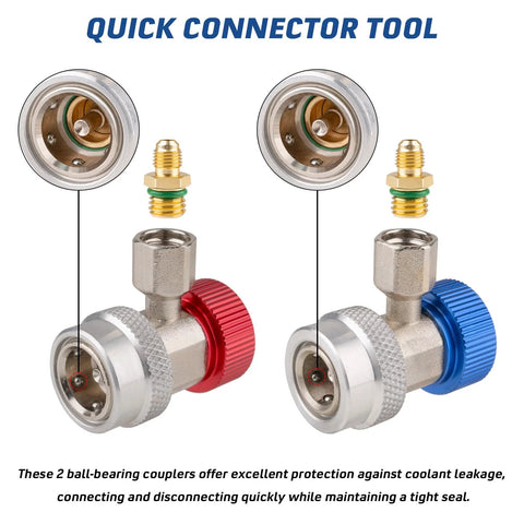 PPKBBEB 2-pack R134a refrigerant adapters with quick-connect fittings for automotive A/C; red and blue collar caps.