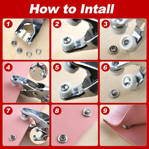 Installation steps for DIY Grommet Eyelet Snap Kit with Pliers and Storage Box 200 Sets 10mm Stainless Steel Fabric Snaps Fasteners