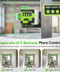 Green Pro Grade Laser Level 360 Self Leveling With Digital Angle Screen on tripod in room with green cross lines visible.