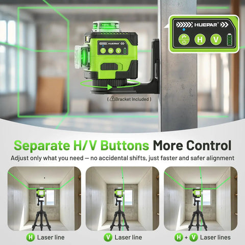 Green Pro Grade Laser Level 360 Self Leveling With Digital Angle Screen on tripod in room with green cross lines visible.