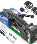 Heavy Duty Rock Solid Electric Strapping Machine For PP PET Bands Featuring Hot Swappable Batteries, tools and battery paks.
