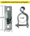 Heavy Duty Gate Hinges 2-Pack Wall Mount 1-3/8 Inch For Chain Link Fence And Wood Gates with measurements and galvanization visible