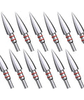 12 Pack Five Sixteenth Inch Archery Arrow Tips, 100 125 150 200 Grain Field Points, Stainless Steel Screw In, arranged in a row