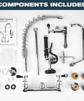 Commercial Sink Faucet - 21" Height Commercial Faucet Wall Mount with Pre-Rinse Sprayer components including chrome sprayer and fittings.