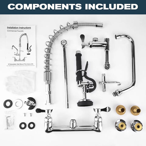 Commercial Sink Faucet - 21" Height Commercial Faucet Wall Mount with Pre-Rinse Sprayer components including chrome sprayer and fittings.
