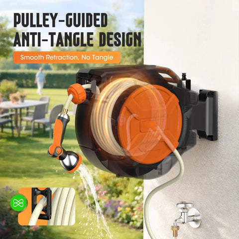 Heavy Duty Auto Rewind Garden Hose Reel With 1/2 Inch By 100 Feet 2 In 1 Wall Mount And Portable Design No Kink System