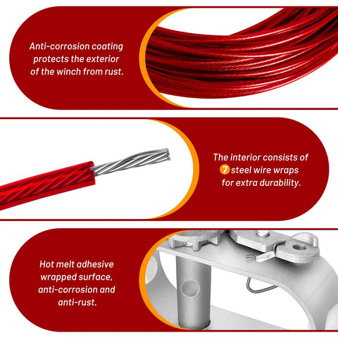 Close-up of red plastic-coated steel wire with anti-corrosion features for 150 Feet Pool Cover Cable And Winch Kit Above Ground Pools.