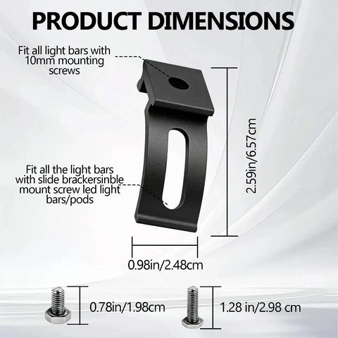 Dimensions of heavy duty light bar mount bracket for trucks and SUVs, aluminum build, showing mounting holes and screws