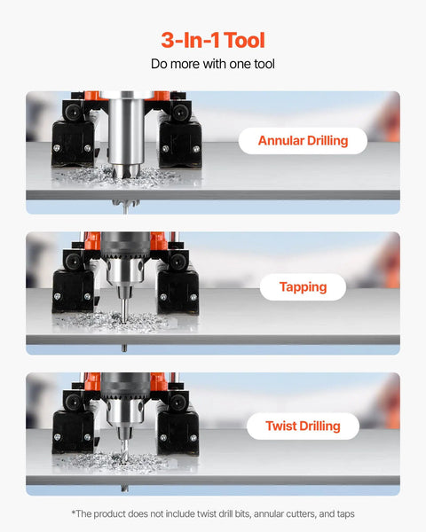 Magnetic Drill Press 1400W With 2 Inch Boring Diameter And 0 To 750 RPM Speed Reversible Direction Mag Drill showing annular, tapping, twist drilling