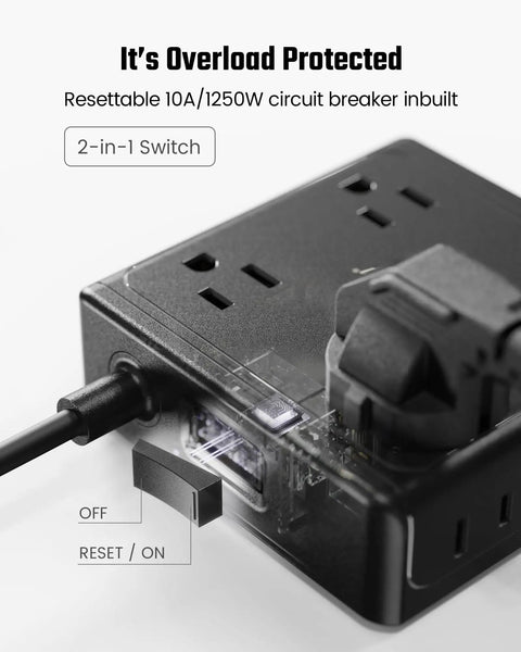 Close-up of resettable overload protection on 12 In 1 Power Strip With USB Ports For Home Office Dorm Travel and more, 2-in-1 switch