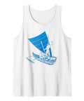 White tank top with blue Hawaiian Outrigger Canoe Tank Top For Men With Polynesian Tribal Art And Island Style Maoi Inspired Graphic