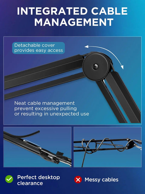 Cable Managed Mic Boom Arm with detachable cover and built-in cable channels for tidy cords, suitable for Blue Yeti and more.
