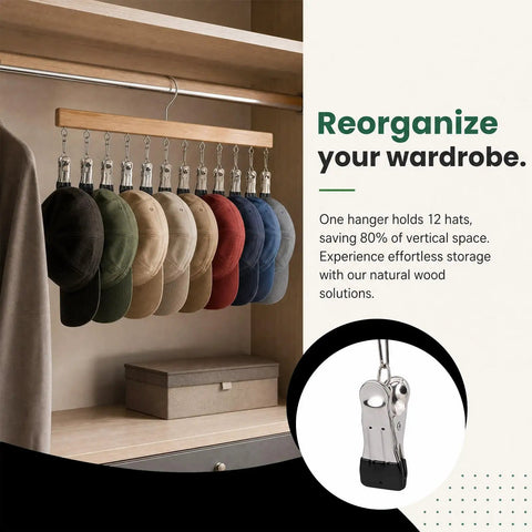 Straight Up Sturdy Wooden Closet Organizer Pack With Heavy Duty Metal Hanging Clips For Maxing Out Vertical Wardrobe Space And Ditching Daily Clutter, showcasing hats on wood hanger.