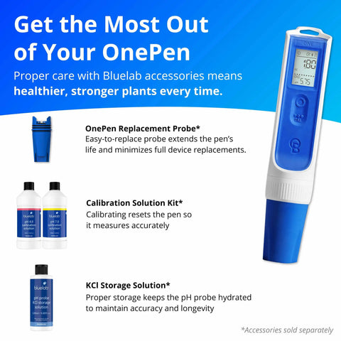 Bluelab OnePen 3 In 1 Temperature, EC PPM And pH Meter with accessories and detailed display, waterproof IP68 durability.