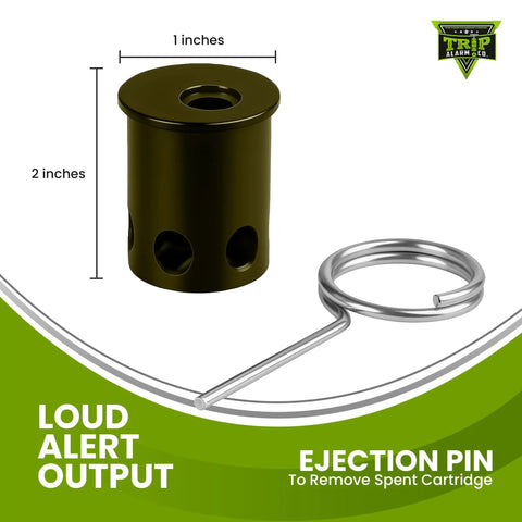 Olive Drab.22 Nailgun Blank Adapter For 12 Gauge Perimeter Trip Wire Alarms - adapter and ejection pin shown with dimensions