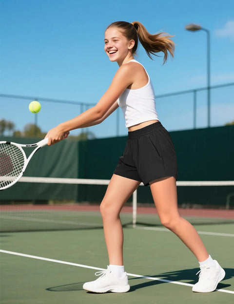 Girl playing tennis in Girls Athletic Shorts With Liner Quick Dry Running Soccer Shorts With Zip Pockets For Kids Active Sports Volleyball.
