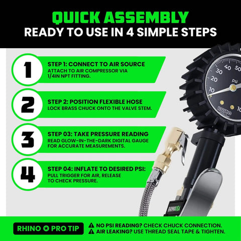Three In One Tire Inflator And Gauge With Heavy Duty Air Chuck Braided Stainless Hose Large Analog Dial Solid Brass Fittings guide