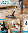 Powerful 700W Brushless Cordless Vacuum Cleaner with 60KPa suction used on various surfaces, includes floor and crack nozzles.